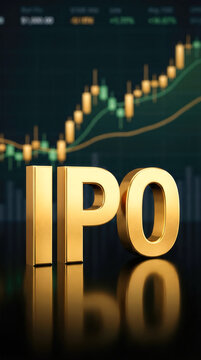 3D brushed gold IPO letters on a reflective black floor. Financial stock market concept with glowing candlestick charts background