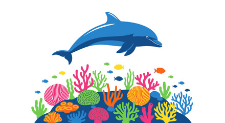 Fototapeta premium Dolphin swimming over coral reef sea.