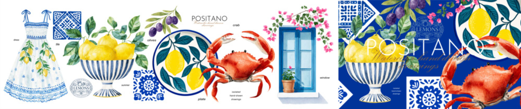 Positano watercolor set with lemons, crab, olives, ceramic tiles and Mediterranean elements. Bright Italian coastal illustration for summer design, travel posters, packaging and prints.