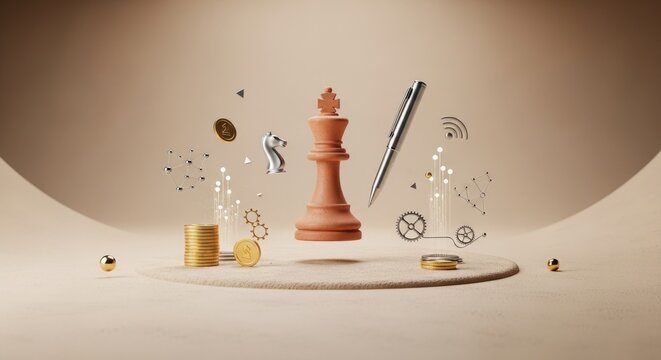 Leadership and Brand Strategy Concept: 3D Terracotta King Chess Piece and Platinum Stylus in Minimalist Luxury Void