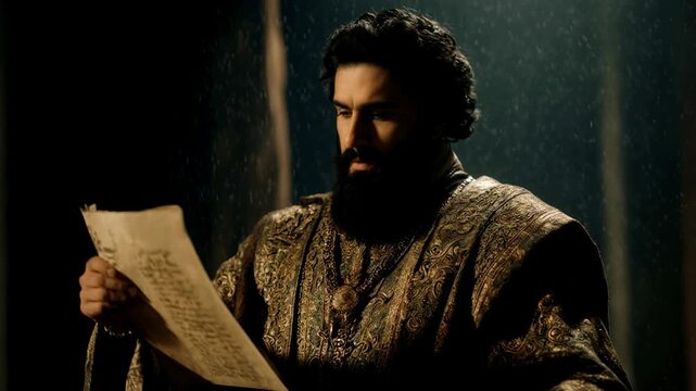 Nehemiah reading a scroll amidst opposition in Jerusalem. Ancient leader in ornate robes examining a decree. Biblical story of rebuilding and adversity. Dramatic historical scene