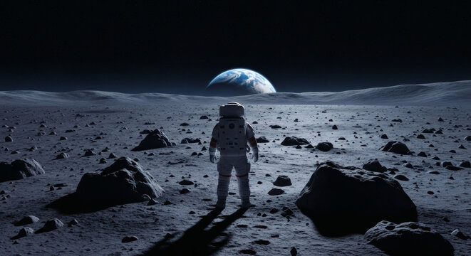 A lone astronaut stands on the desolate lunar surface, gazing intently at the majestic Earth rising above the horizon, symbolizing humanity's profound cosmic journey and future space exploration.