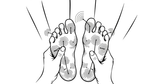 Close-up illustration of hands massaging human feet soles.