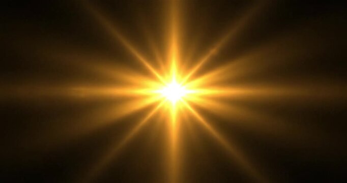 Golden light burst star flare background animation, glowing radiant sun explosion with lens flare rays, cinematic energy flash motion backdrop for intro video, logo reveal, VFX, spiritual, technology 