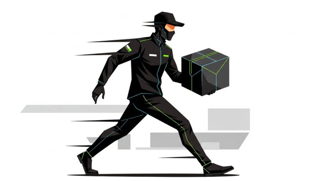 Delivery person in black uniform running with a package.