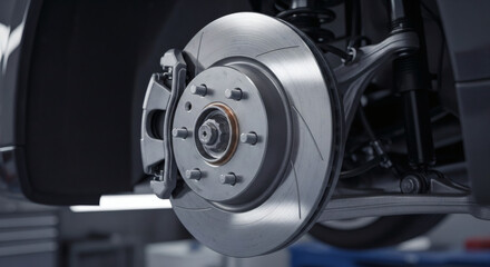 Fototapeta premium Close up view of a clean drilled and slotted automotive brake rotor assembly showing the caliper suspension components and wheel hub attachment points during service.