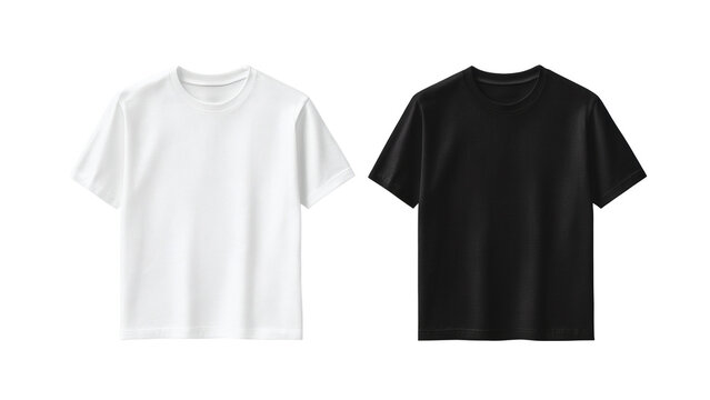 A pair of basic short sleeve crew neck t shirts one shown in stark white and the other in solid black on transparent background