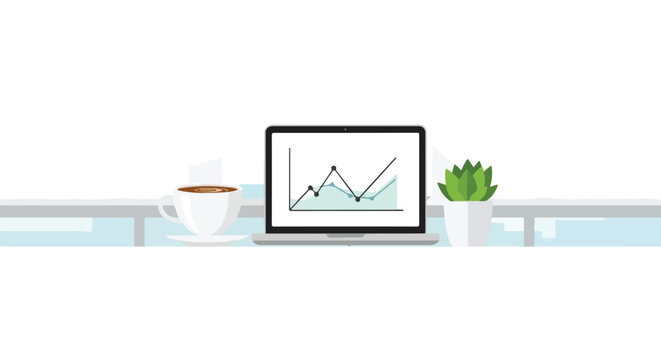 An office desk setting with a laptop showing financial growth, a fresh cup of coffee, and a small green succulent in a minimalist style.