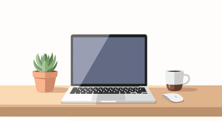 Fototapeta premium A minimalist flat vector illustration of a modern workspace featuring a silver laptop, a potted succulent, a computer mouse, and a coffee mug.