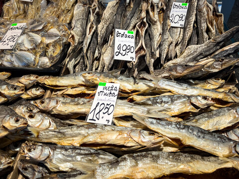 Regional taste specialty is found in dried and salted fish including pike and vimba in riga central market, representing traditional snacks and distinctive baltic flavors, for regional food concepts