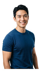 Fototapeta premium Smiling young Asian man in blue t-shirt isolated on white background, Generative AI 白い背景に隔離された青いTシャツを着た笑顔の若いアジア人男性、AI生成画像