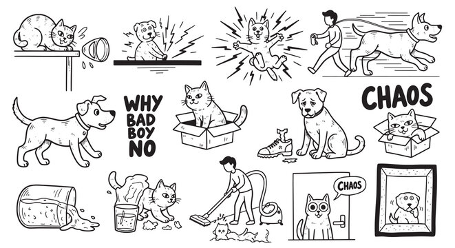 Funny pet mischief and home chaos doodle collection with naughty cats and dogs.