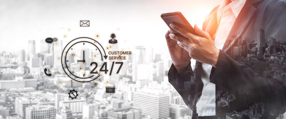 Obraz premium Concept of 24-hour customer service. Providing constant, non-stop support and assistance through multiple channels like phone, email, and chat for customer satisfaction. Fermion