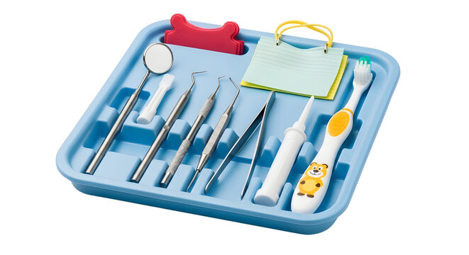 Pediatric dental toy set with colorful instruments, plastic medical kit for children, educational dentist roleplay tools in blue tray