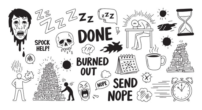 Mental fatigue and chronic stress doodle collection with overworked characters and symbols.