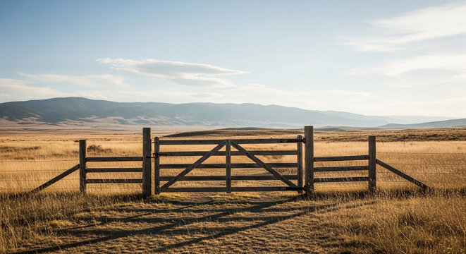 Rustic wooden ranch gate stands open under a vast, sun-drenched sky in a dry, golden prairie landscape with distant rolling hills.