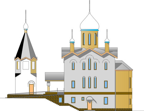 Colored architectural elevation of a Russian Orthodox church complex featuring onion domes, a tent-roofed tower, connecting walkway, and stepped foundation.