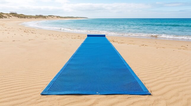 A blue mat leading to the ocean, situated on a sandy beach beneath a sunny sky&mdash;convenient for navigating with strollers and wheelchairs.