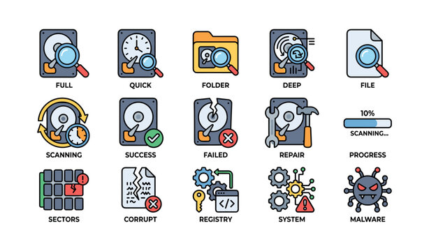 Hard drive icons illustrating scanning and repair actions