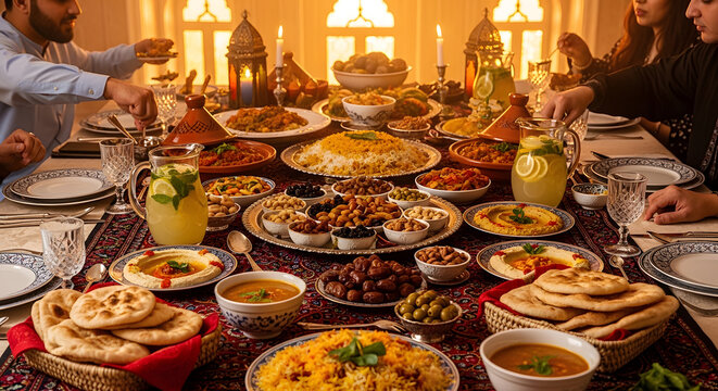 Dinner table with diverse dishes and drinks during celebration event  