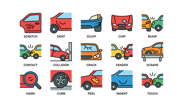 Car damage and dent icons arranged on white background