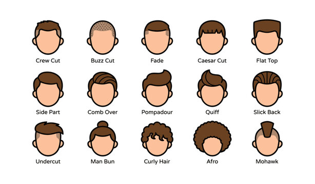 Men hair style icons arranged in grid on white background