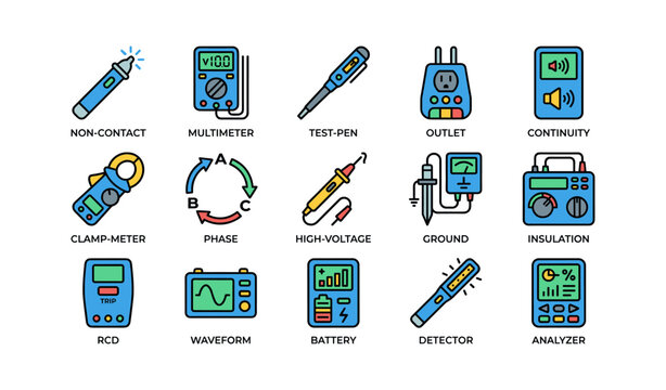 Electrical test tools and meters arranged in grid on white