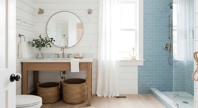 A modern bathroom with a wooden vanity and blue tile shower