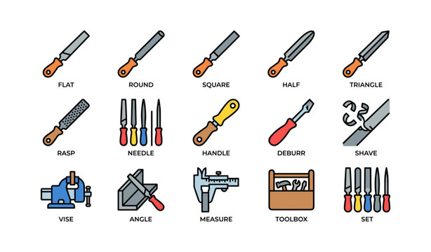 Hand file tool icons arranged in grid on white background