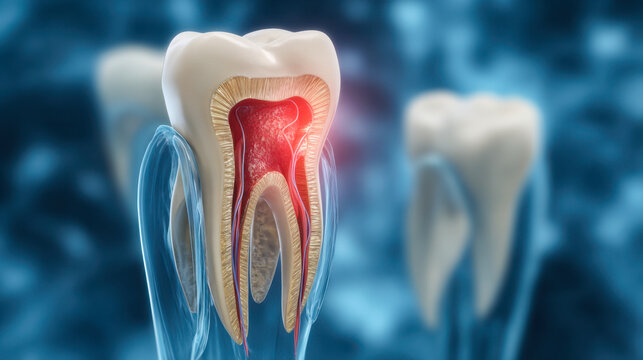 Detailed 3d medical illustration of a human tooth highlighting the inner pulp area with inflamed nerves and surrounding enamel and dentin layers for dental health co