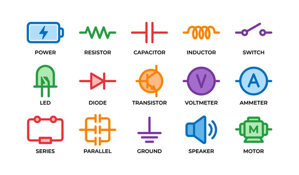 Electronic component and circuit symbols arranged in grid on white