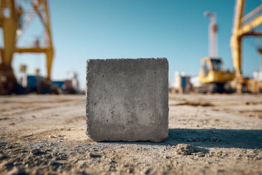 Single concrete block set on dirt surface at construction site with heavy machinery and clear blue sky in background during daytime