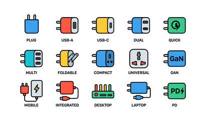 Fototapeta premium Various charger plugs and adapters arranged in grid layout