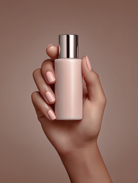 Woman's hand holding a minimalist cosmetic spray bottle against a nude background. Vertical format 3x4