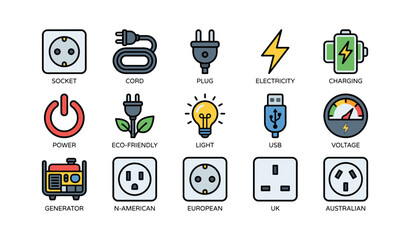 Naklejka premium Electrical icons showing plugs and sockets in grid layout