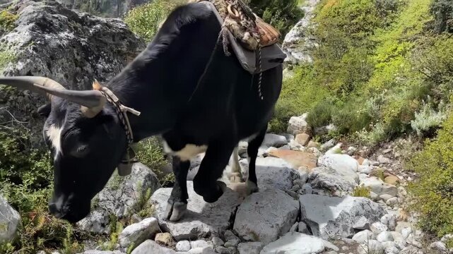 Slow motion of pack yaks carrying goods along rugged mountain trail on Kanchenjunga Base Camp trek in Nepal, showcasing remote Himalayan transport and adventure travel.
