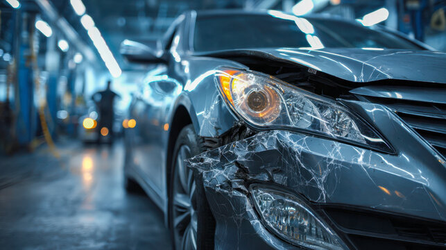 Damaged front headlight and fender of a dark gray sedan in an indoor automotive repair shop with a blurred mechanic in the background working on vehicles