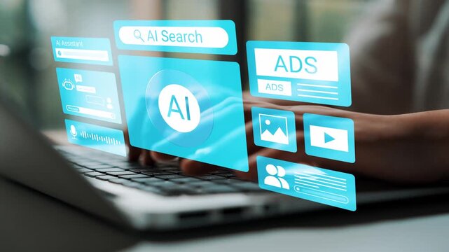 Futuristic Digital Interface with AI Search Options and Interactive Features on Laptop, Representing Innovative Technology in Modern Communication Gluon.
