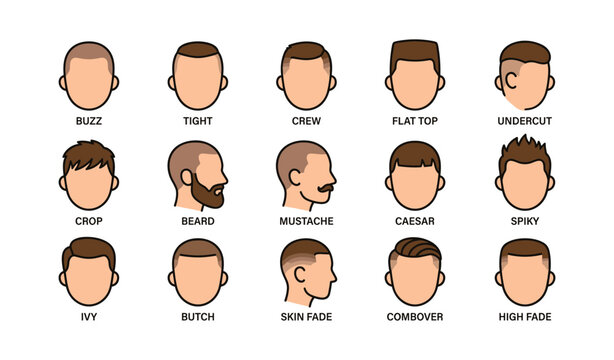 Men haircut icons displaying various styles in grid layout