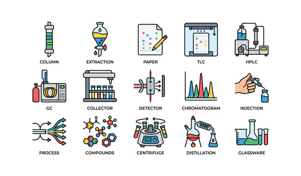 Laboratory equipment icons arranged in grid on white background