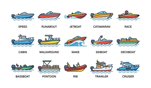 Various boat and watercraft icons arranged in grid on white background
