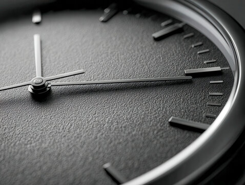Detailed macro shot of a textured black analog clock face highlighting precise time with sleek metallic hour and minute markers on a smooth curved frame