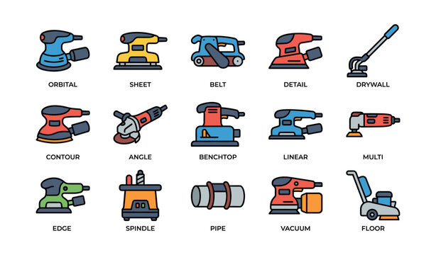 Power sanders and sanding tools icons on white background