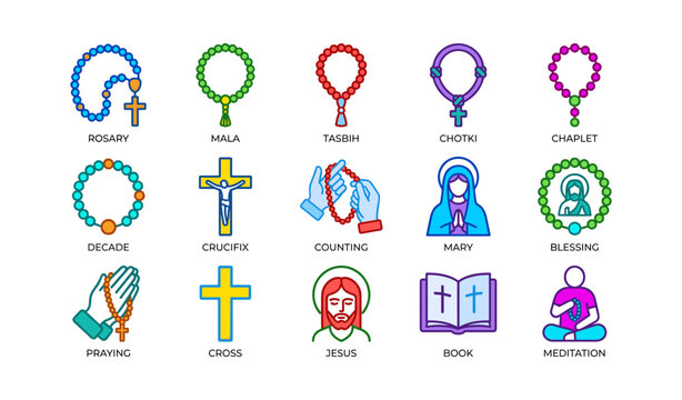 Religious prayer beads and devotional symbols on white background