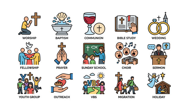 Religious activity icons arranged in labeled grid on white background