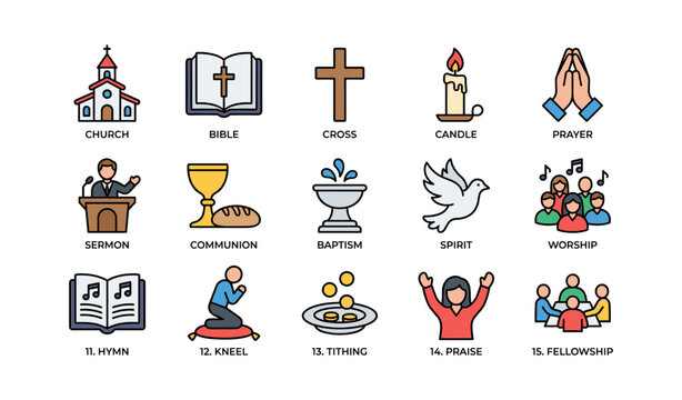 Church icon set showing religious symbols on white background