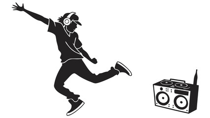 Obraz premium A black and white illustration of a man dancing next to a boombox