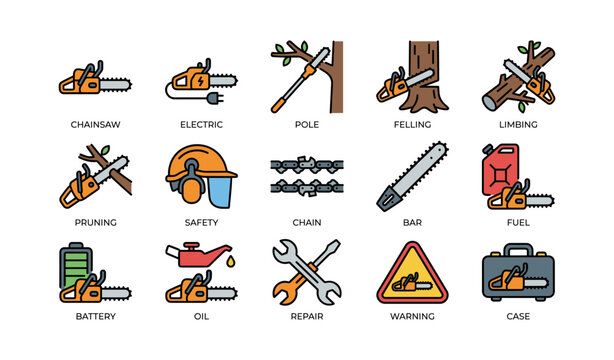 Chainsaw and accessories icons arranged in grid on white background