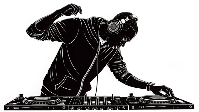 A DJ wearing headphones and operating a sound mixer with enthusiasm and energy