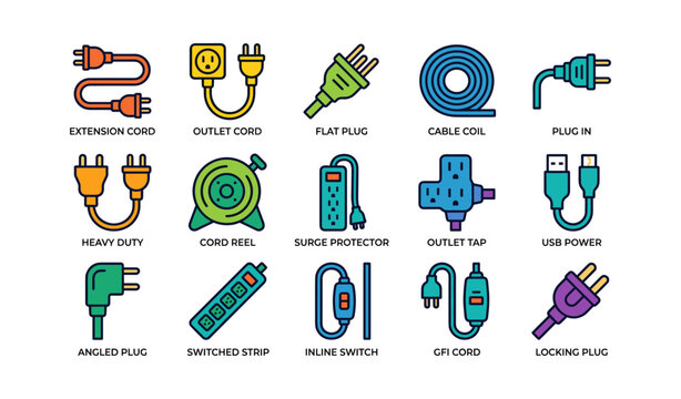 Electrical cord and plug icons arranged in grid on white background